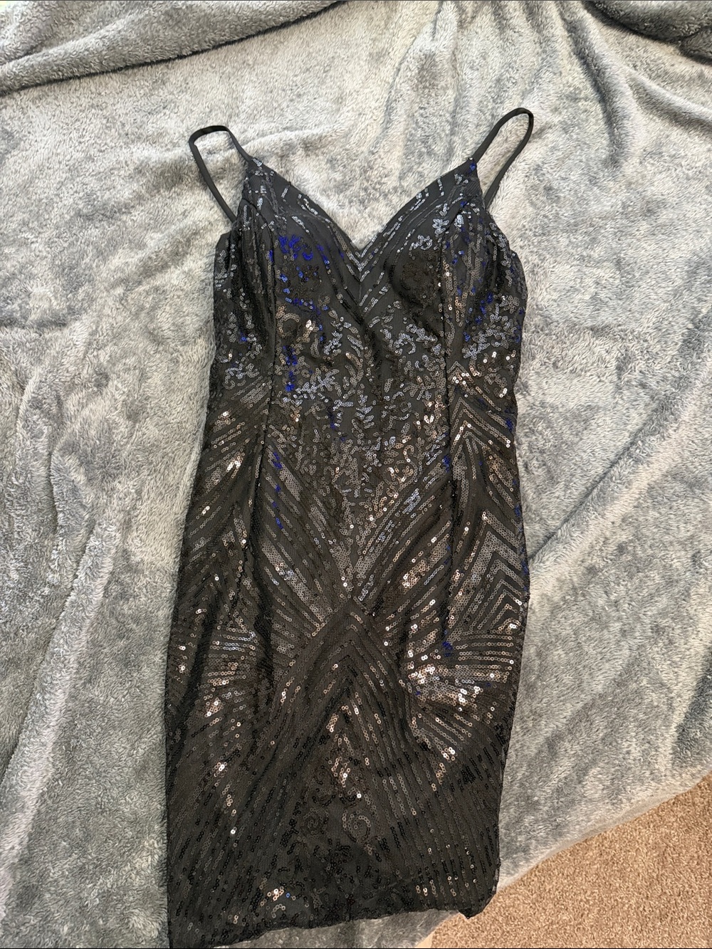 Black Sequin V-Neck Midi Dress with Spaghetti Straps